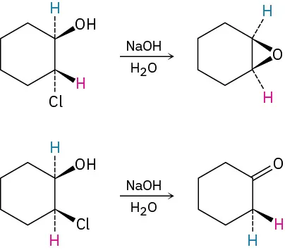 Reactions alter trans-2-chlorocyclohexanol to 1,2-epoxycyclohexane and cis-2-chlorocyclohexanol isomer to cyclohexanone, each utilizing sodium hydroxide and water.