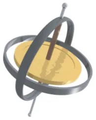 Dibujo de un giroscopio, consistente en un disco que gira sobre un eje, perpendicular al plano del disco y que pasa por su centro. Dos anillos rodean el giroscopio. Uno de ellos está unido al eje por encima y por debajo del disco, y el otro está unido al primer anillo y está en el plano del disco, de modo que este segundo anillo es concéntrico con el disco.