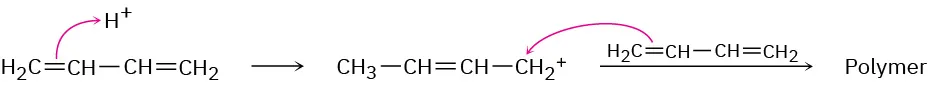 A two-step polymerization reaction mechanism of 1,3-butadiene with H plus (acid-catalyzed) shows the formation of a polymer.