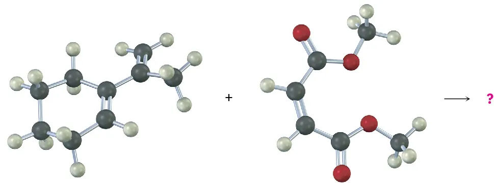 Ball-and-stick model of cyclohexene bonded to C 2 of propene reacts with 4-carbon chain with double bond at C 2. C 1 and C 4 are carbonyls bonded to methoxy.groups