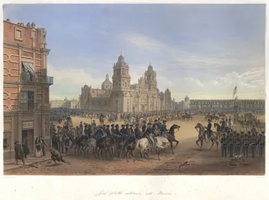 A painting depicts General Winfield Scott on a white horse leading troops into Mexico City’s Plaza de la Constitución as anxious residents of the city look on. One woman peers furtively from behind the curtain of an upstairs window. On the left, a man bends down to pick up a paving stone to throw at the invaders.