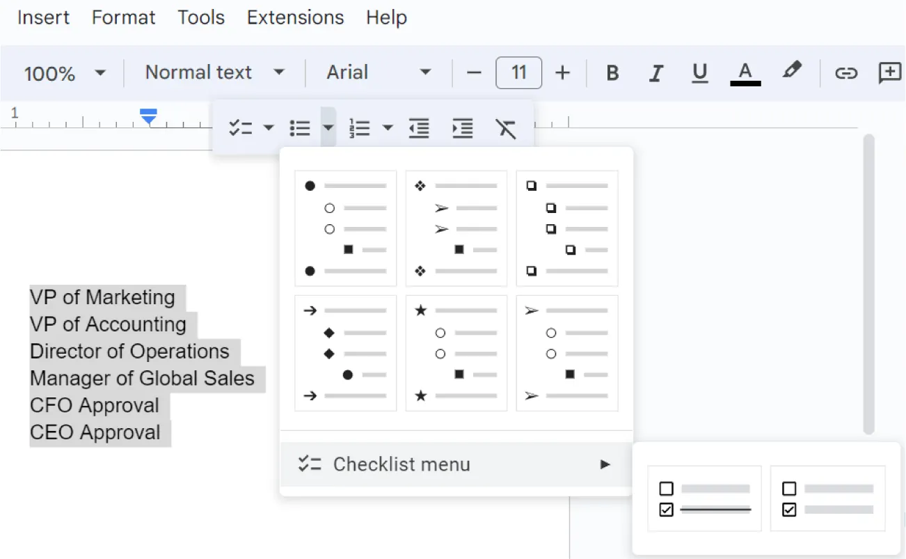Bulleted list is selected and opens to different tiered lists using combinations of different shapes. Checklist menu is selected opens to two options for listing and completing a checklist.
