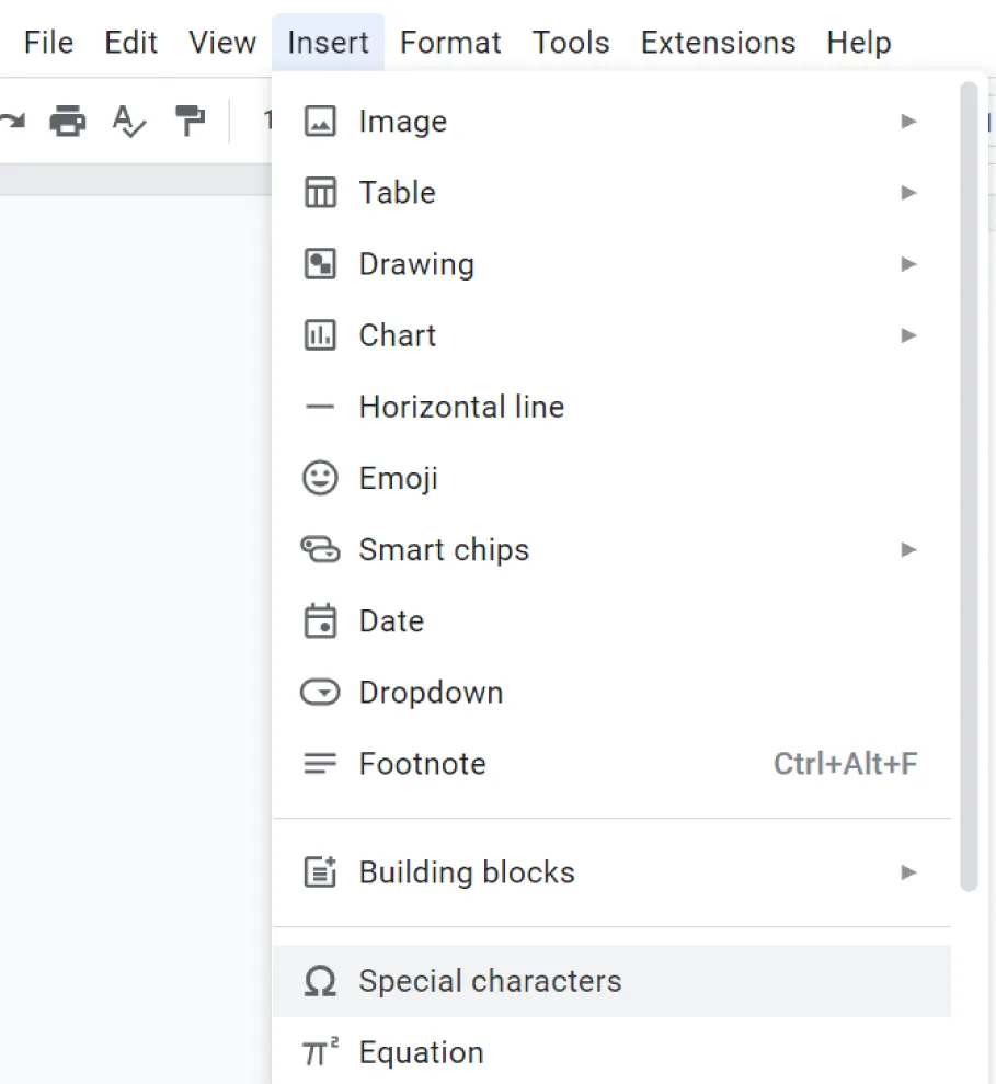 Insert is selected and opens to these options for selection: Image, Table, Drawing, Chart, Horizontal line, Emoji, Smart chips, Date, Dropdown, Footnote, Building blocks, Special characters, Equation, Watermark, and Headers & footers.