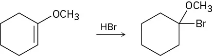 1-methoxycyclohexene reacts with hydrogen bromide to form 1-bromo-1-methoxycyclohexane.