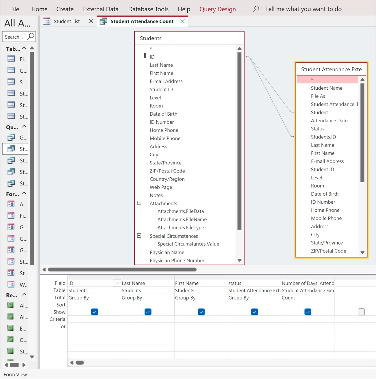 Student Attendance Count tab displays queries: Students (includes ID, Last Name, First Name, etc.) and Student Attendance Exte…(* (highlighted), other options include Student Name, File As, etc.). Table at bottom reflects queries.