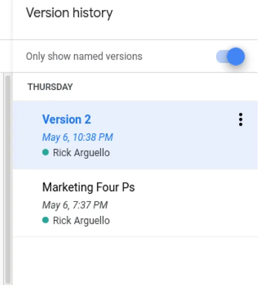 Version history displays and Only show named versions is selected. A Version 2 May 6, 10:38pm Rick Arguello and Marketing Four Ps May 6, 7:37pm Rick Arguello is displayed.
