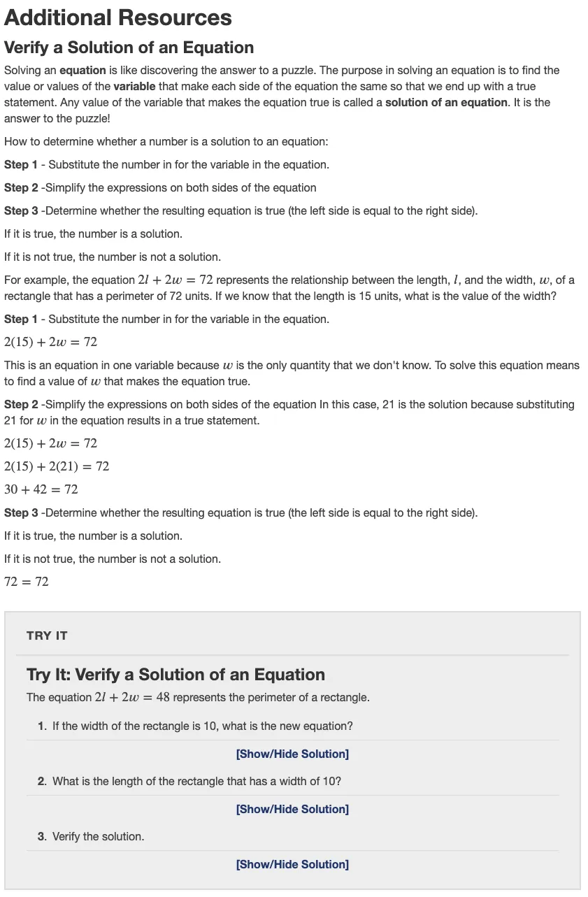 A screenshot of the additional resources page consisting of a section that contains information with key vocabulary words in bold. Step by step instructions are provided along with an example using the steps. A gray box contains a Try It question that students can use to test their understanding by checking their answers when they are done with the problem.