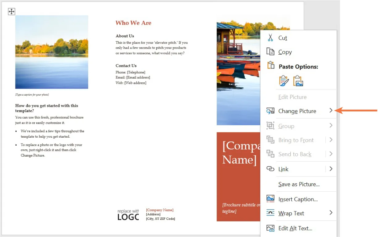 Options available for customization include Cut, Copy, Paste Options, Edit Picture, Change Picture (selected), Group, Bring to Front/Send to Back, Link, Save as Picture, Insert Caption, Wrap Text, Edit Alt Text.