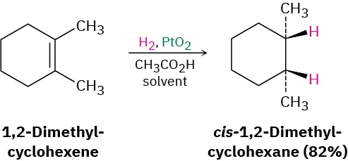 A reaction shows 1,2-dimethyl-cyclohexene reacting with hydrogen, and platinum dioxide in ethanol solvent to form cis-1,2-dimethyl-cyclohexane (82 percent yield).
