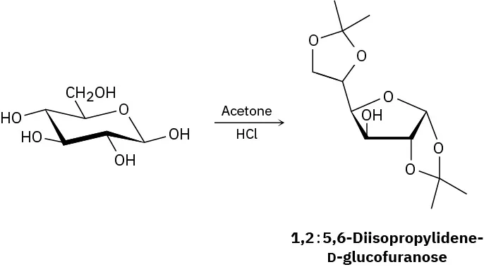 The reaction of the Haworth projection of D-glucose with acetone in the presence of hydrochloric acid to yield the non-reducing 1, 2 : 5, 6 diisopropylidene D-glucofuranose.