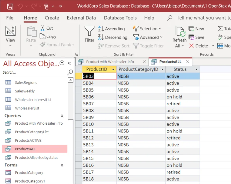 All Access sidebar selects ProductsALL from Queries. ProductsALL tab displays columns of information with ProductID, ProductCategoryID, and Status.