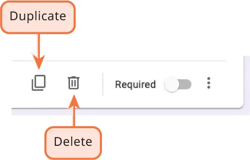 An icon for Duplicate (two pieces of paper stacked) and Delete (a garbage can) are visible along with a toggle for Required and More options (three dots).