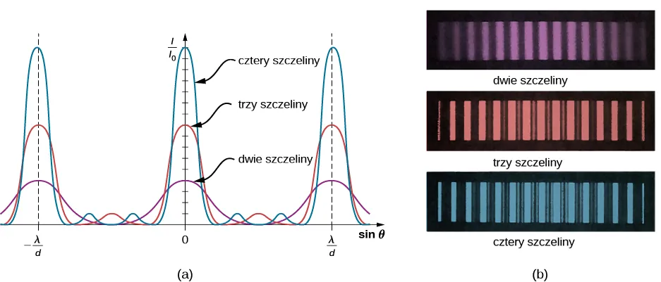 Rysunek A przedstawia prążki interferencyjne dla dwóch, trzech i czterech szczelin. Wraz ze wzrostem liczby szczelin pojawia się więcej maksimów pobocznych, zaś liczba maksimów głównych się zmniejsza. Rysunek B przedstawia prążki interferencyjne dla dwóch, trzech i czterech szczelin. Wraz ze wzrostem liczby szczelin pojawia się więcej maksimów pobocznych, zaś maksima główne stają się jaśniejsze.