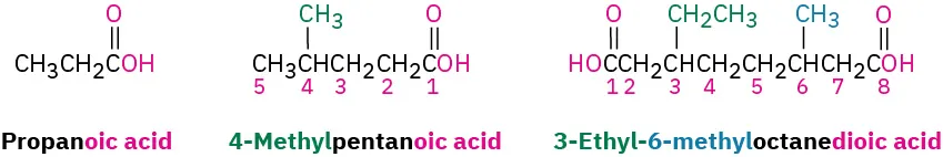 The structures of propanoic acid, 4-methylpentanoic acid, and 3-ethyl-6-methyloctane dioic acid. The carbon atoms are numbered and substituents are highlighted.