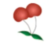 Two red cherries with green leaves and thin white stems on a white background.