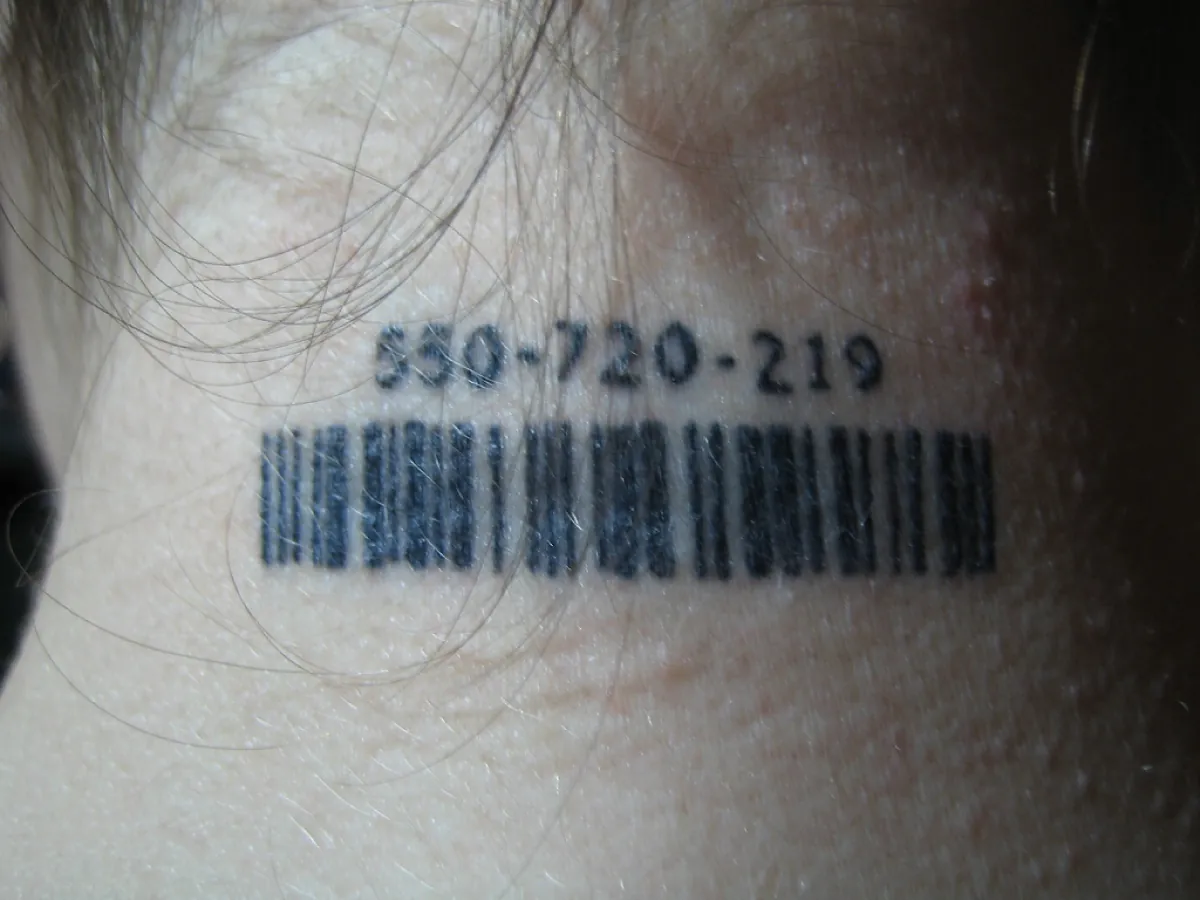 A photograph shows a woman’s neck with a tattoo of a barcode.