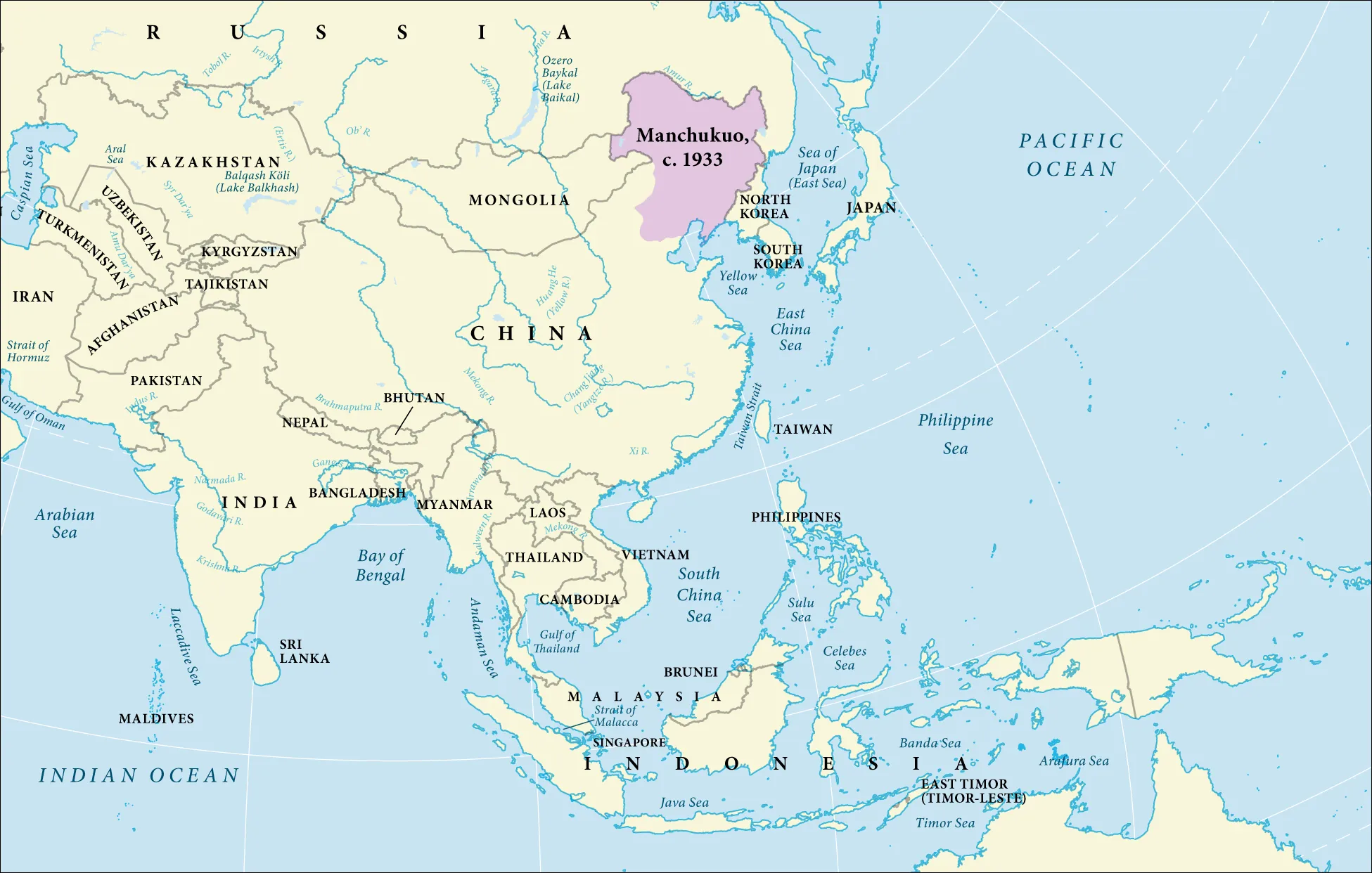 This map shows Asia and the Pacific region. Manchukuo is highlighted and borders Russia, Mongolia, China, and North Korea.
