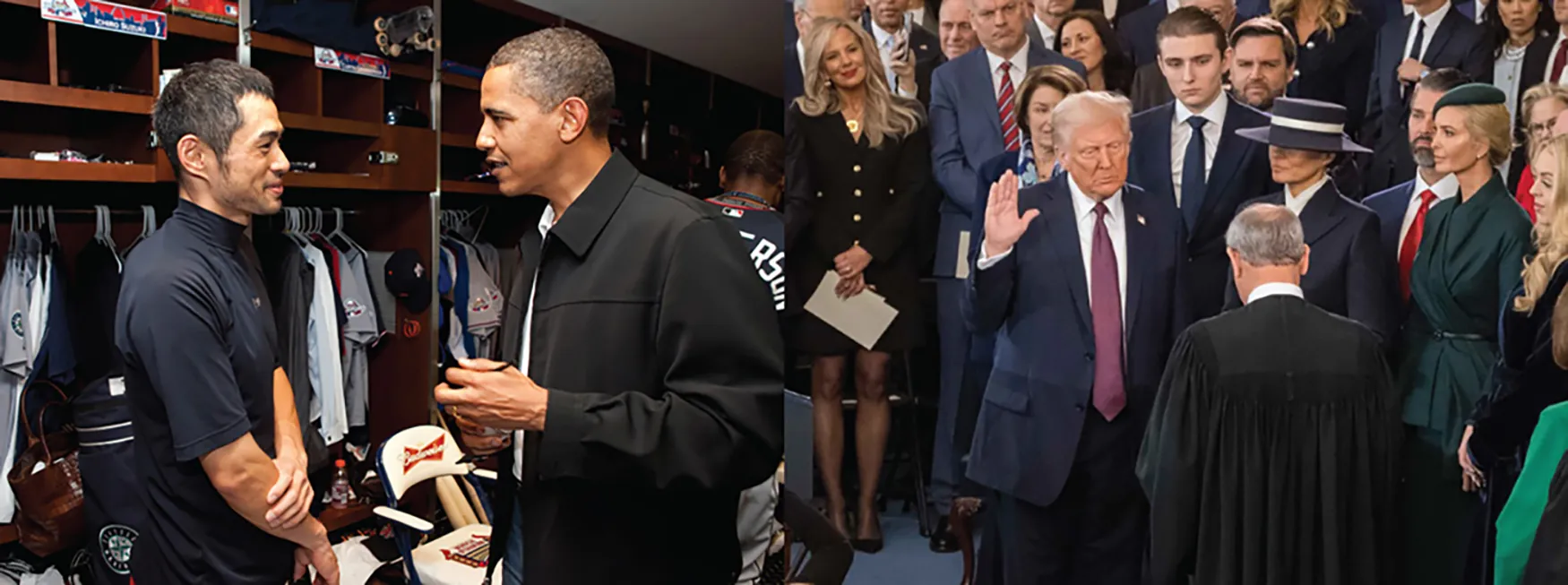 The left photo shows President Barack Obama face to face with baseball player Ichiro Suzucki in a baseball locker room. The right photo shows Donald Trump with his right hand raised, surrounded family members, such as his wife and son, and government leaders.