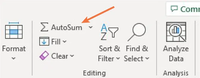 An arrow points to the AutoSum shortcut on the toolbar.