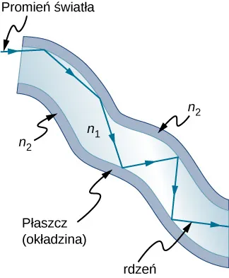 Ilustracja pokazuje włókno zbudowane z ośrodka o współczynniku załamania n 1 otoczone warstwą ośrodka o współczynniku n 2. Ośrodek 2 to płaszcz światłowodu, a ośrodek 1 to jego rdzeń. Światło odbija się od granicy ośrodków pozostając w obrębie rdzenia.