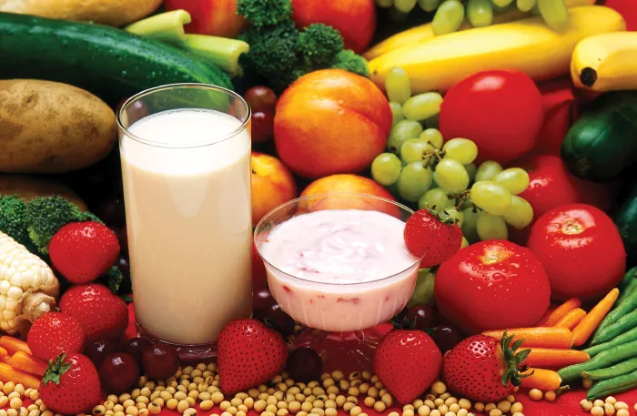 Image of fruits, vegetables, grains, and dairy foods.