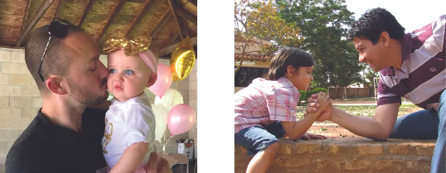 A person kissing a child and a person playing arm wrestling with a child.