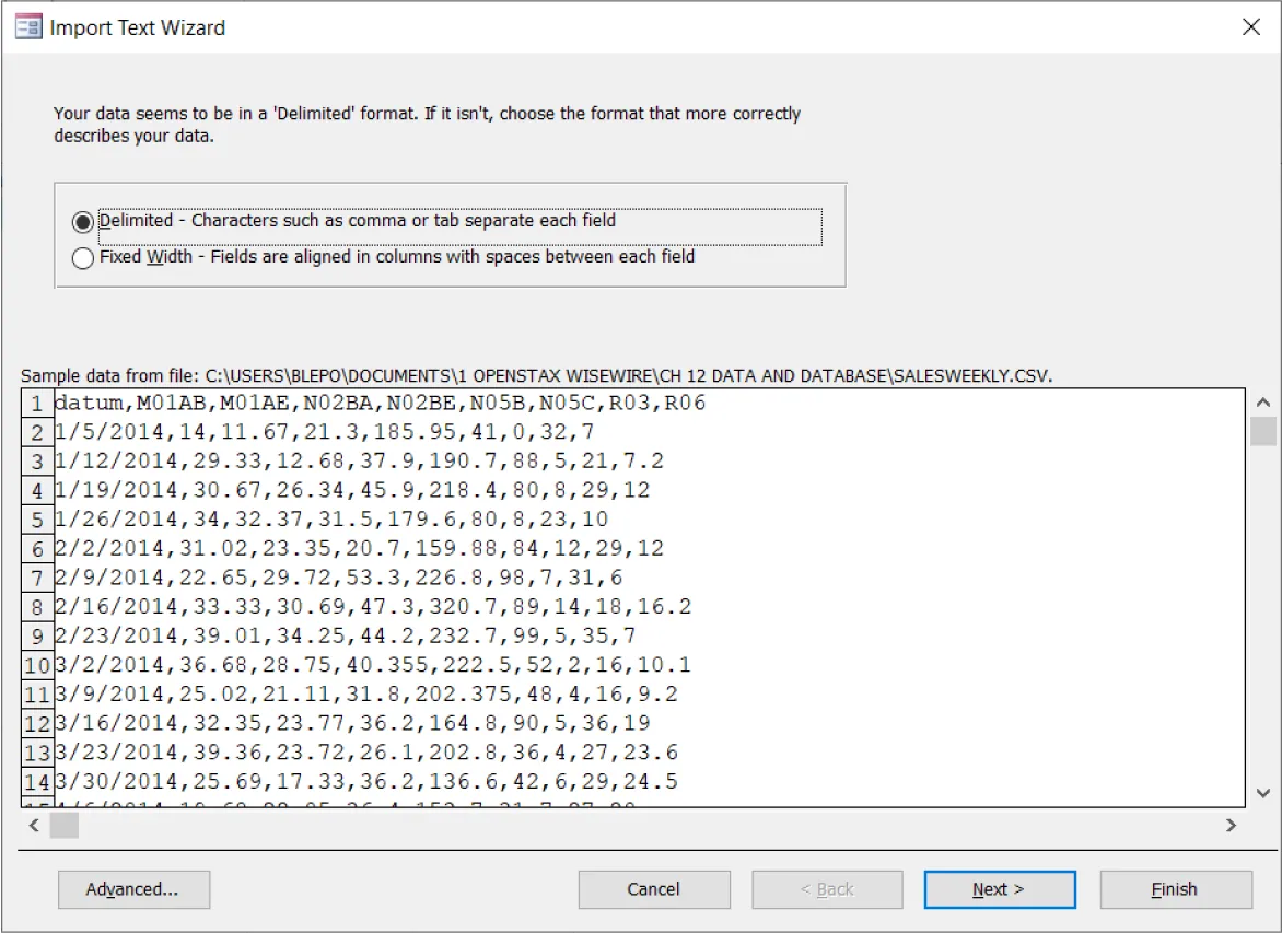 Import Text Wizard pane displays Delimited – Characters such as comma or tab separate each field selected. Sample data from file: displays in pane (first row: datum,M01AB,M01AE,N02BA,N02BE,N05B,N05C,R03,R06; other rows include: 1/5/2014,14,11.67,21.3,185.95,41,0,32,7).