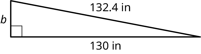 A right triangle with its legs marked b and 130 inches. The hypotenuse is marked 132.4 inches.