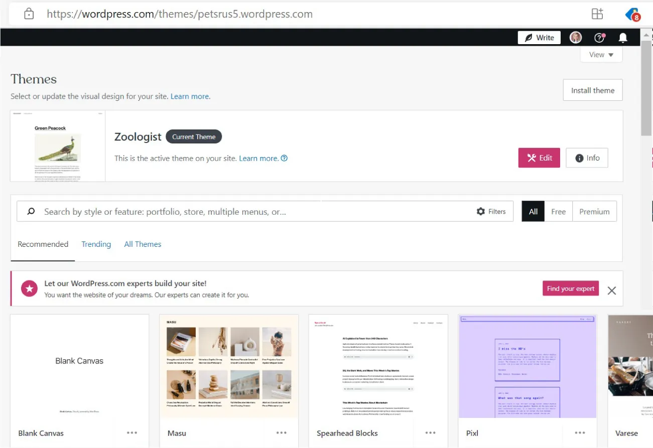 Themes page displays a Install theme and Edit buttons and search bar for selecting themes for site.