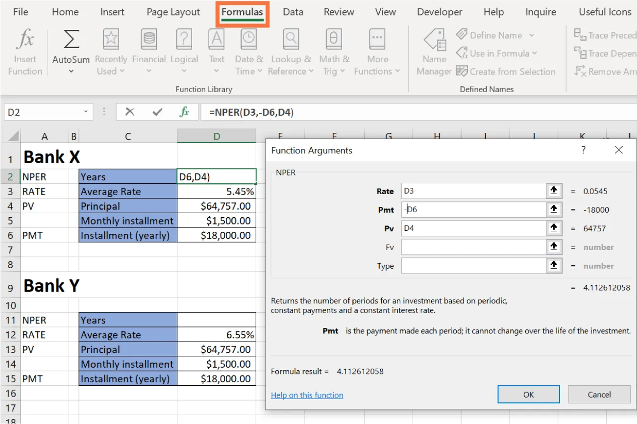 Function Arguments pane displays NPER options: Rate (D3 = 0.0545), Pmt (-D6 = -18000), Pv (D4 =64757), Fv, Type. Formula result = 4.112612058 is in the left corner. Spreadsheet visible in background.