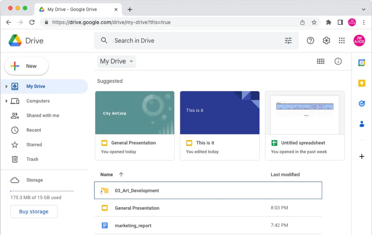 Google Drive’s Storage capacity is visible at the bottom of the Drive screen (175.3 MB of 15 GB used). A Buy Storage button is hyperlinked below.