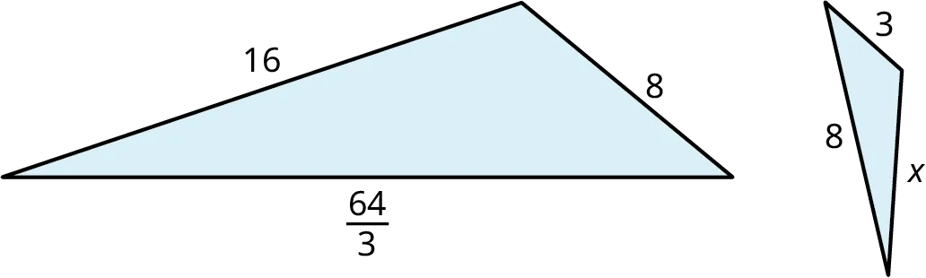 Two triangles. The sides of the first triangle are marked 16, 8, and 64 over 3. The sides of the second triangle are marked 3, 8, and x.