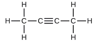 Figure B shows a structural diagram of a molecule that has a chain of four carbon atoms. The leftmost carbon atom forms a single bond with three hydrogen atoms each and single bond with the second carbon atom. The second carbon atom forms a triple bond with the third carbon atom. The third carbon atom forms a single bond to the fourth carbon atom. The fourth carbon atom forms a single bond to three hydrogen atoms each.