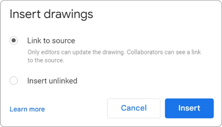 An Insert drawing pane displays options for Link to source (Only editors can update the drawing. Collaborators can see a link to the source.) and Insert unlinked.