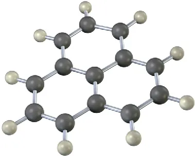 The ball-and-stick model of a cationic molecule has three six-membered rings fused together.