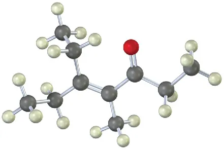 The ball-and-stick model of a seven-carbon chain with keto on the third, methyl on the fourth, and ethyl on the fifth carbon. The fourth and fifth carbon is double-bonded.