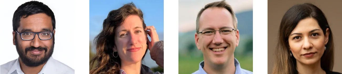 Headshots of Udayan Das, Aubrey Lawson, Chris Mayfield, and Narges Norouzi, left to right.