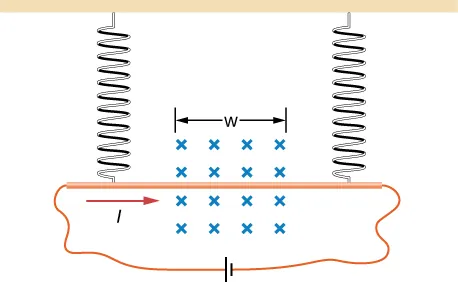 An illustration of the problem. The copper rod is horizontal and hangs from springs at either end. A current I flows to the right through the rod. A field B points into the page in a region width w.