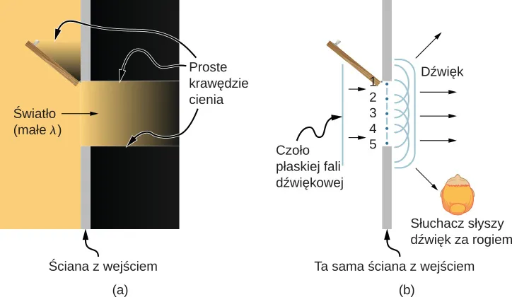 Ilustracja przedstawia widok z góry na plan zawierający ścianę, w której są otwarte drzwi. Ściana rozciąga się pionowo przez całą wysokość rysunku, a otwór drzwiowy jest przedstawiony jako przerwa w ścianie. Skrzydło drzwi jest widoczne w pozycji otwartej po lewej stronie ściany, do pełnego otwarcia czyli dotknięcia ściany brakuje mu około 45 stopni. Światło z dopiskiem małe lambda pada z lewej strony prostopadle do ściany. Część światła przechodzi przez otwarty otwór drzwiowy. Pas światła przechodzący przez drzwi ma ostre brzegi, widoczne w postaci prostoliniowych cieni przy obu końcach otworu wejściowego. Cień za skrzydłem otwartych drzwi również ma ostre brzegi. Na rysunku po prawej stronie przedstawiono identyczny plan. Linia równoległa do ściany reprezentuje czoło fali dźwiękowej zbliżającej się do drzwi. W otworze drzwiowym znajduje się 5 kropek w równych odstępach, opisanych numerami od 1 do 5. Na prawo od każdej kropki narysowano półokrąg wchodzący do pokoju po prawej stronie ściany. Wszystkie te półokręgi są objęte linią w kształcie nawiasu kwadratowego z zaokrąglonymi rogami. Ta linia opisana jest jako dźwięk. Zaznaczono pięć promieni prowadzących od linii w kształcie nawiasu do wnętrza pokoju po prawej stronie ściany. Trzy z tych promieni kierują się poziomo w prawo, jeden promień ukośnie w górę i w prawo i jeden ukośnie w dół w prawo. Ten ostatni promień trafia do ucha osoby widzianej od góry. Opis brzmi: człowiek w pokoju słyszy dźwięk, mimo że stoi za rogiem.