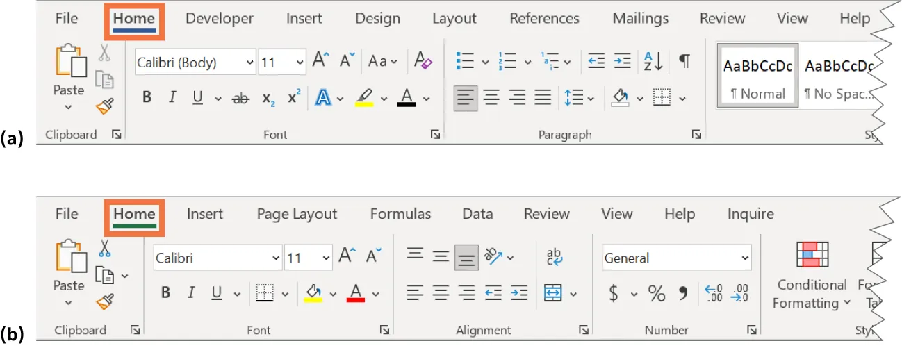 (a) Tabs displayed for Word: File, Home, Developer, Insert, Design, Layout, References, Mailings, Review, View, Help. (b) Tabs displays for Excel: File, Home, insert, Page Layout, Formulas, Data, Review, View, Help, Inquire.