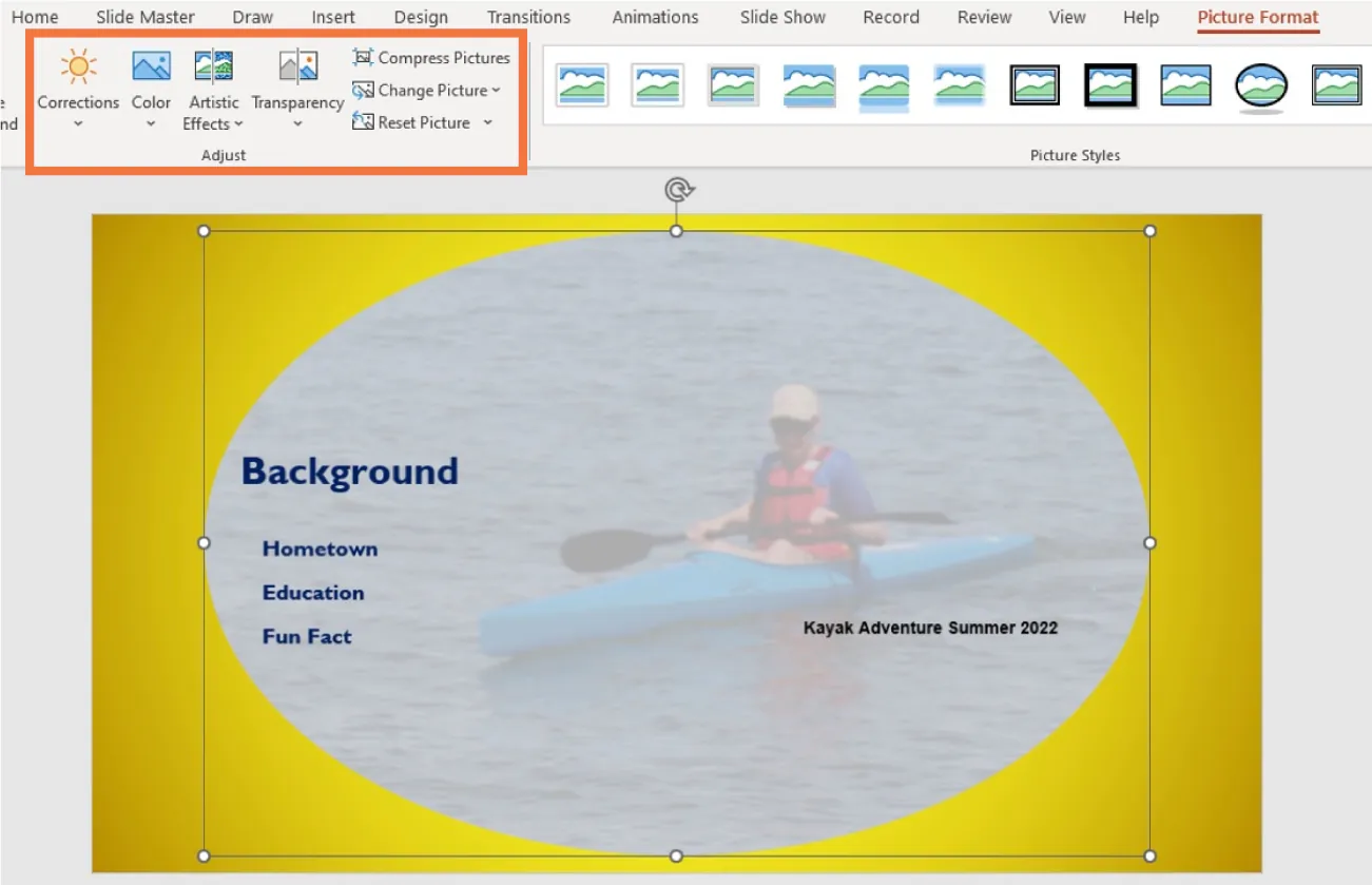 A PowerPoint screen is open with the Picture Format tab open. There is a red box around the command group tools.