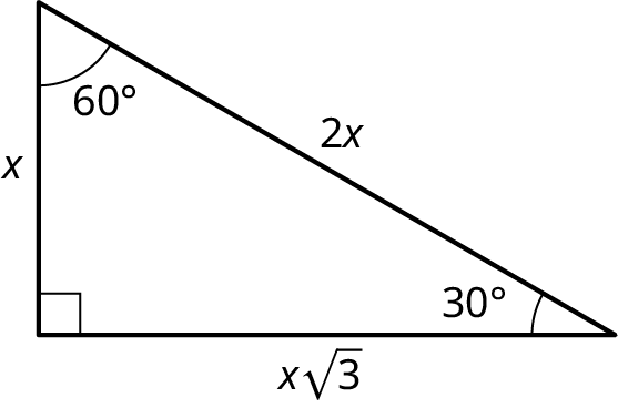 A right triangle with its legs marked x and x times square root of 3. The hypotenuse is marked 2 x. The angles at the top, bottom-left, and bottom-right are labeled 60 degrees, 90 degrees, and 30 degrees.