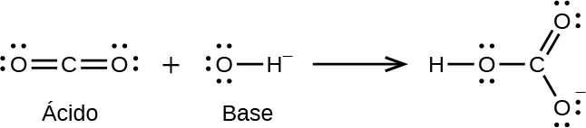 Esta figura muestra una reacción química modelada con fórmulas estructurales. En el lado izquierdo hay una estructura con un átomo de C central. Los átomos de O, cada uno con dos pares de electrones no compartidos, tienen dobles enlaces a los lados izquierdo y derecho del átomo de C. A continuación del signo de suma hay otra estructura entre corchetes que tiene un átomo de O con tres pares de puntos de electrones no compartidos y un enlace simple con un átomo de H a la derecha. Fuera de los corchetes está el signo negativo en superíndice. Tras la flecha que apunta a la derecha hay una estructura entre corchetes que tiene un átomo de C central al que se unen 3 átomos de O. Por encima y un poco a la derecha, uno de los átomos de O está conectado con un doble enlace. Este átomo de O tiene dos pares de electrones no compartidos. El segundo átomo de O tiene un enlace simple por debajo y un poco a la derecha. Este átomo de O tiene tres pares de electrones no compartidos. El tercer átomo de O está unido a la izquierda del átomo de C. Este átomo de O tiene dos pares de electrones no compartidos y un átomo de H con enlace simple a su izquierda. Fuera de los corchetes a la derecha hay un símbolo negativo en superíndice.