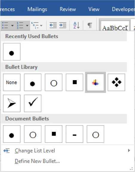 Lists are selected and open to options for bullet lists which include Recently Used Bullets, Bullet Library, Document Bullets, Change List Level and Define New Bullet.