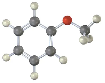 The ball-and-stick model has a benzene ring bonded to an oxygen atom, which is bonded to a methyl group.