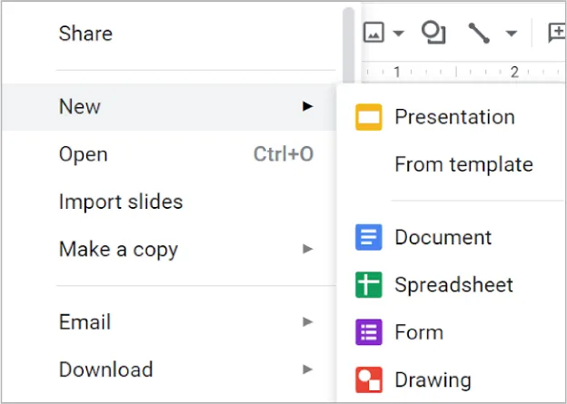 New is selected and opens to these options for selection at the right: Presentation, From template, Document, Spreadsheet, Form, and Drawing.