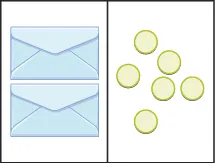 This image has two columns. In the first column are two identical envelopes. In the second column there are six blue circles, randomly placed.