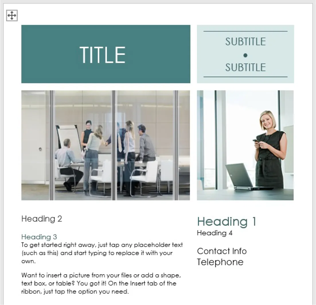 A sample flyer is shown with space for a title and subtitle, images, headings, flyer text, and contact information. The flyer has pre-set spacing, font, and design elements included.