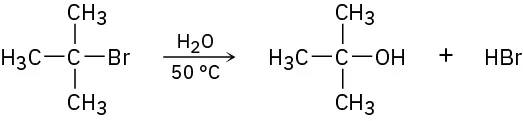 The hydrolysis reaction of t-butyl bromide at 50 degrees Celsius forms t-butyl alcohol and hydrogen bromide.