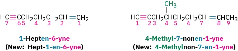 The structure of 1-hepten-6-yne or hept-1-en-6-yne (new) and 4-methyl-7-nonen-1-yne or 4-methylnon-7-en-1-yne (new). The double bond is shown in blue and the triple bond in pink color.